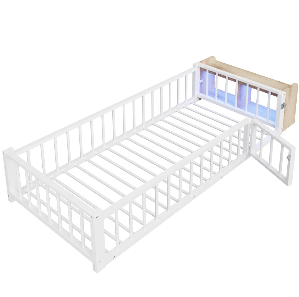 Letto per bambini in metallo 90x200 cm con barriera di protezione e vano aperto
