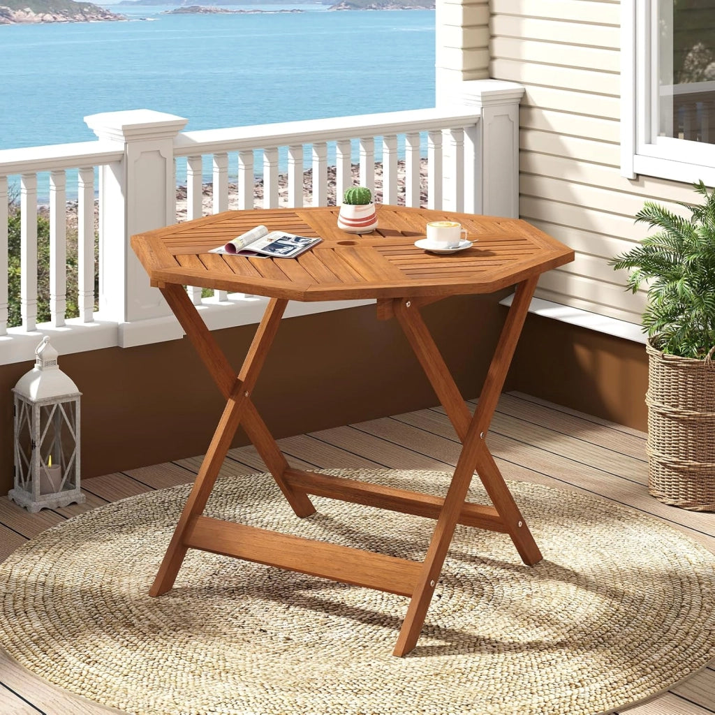 Tavolino da Giardino con Foro per Ombrellone da 5 cm, Tavolino da Caffè in Legno Massello con Struttura a Forma di X Robusta per Patio, Cortile e Bordo Piscina, 90 x 90 x 72 cm