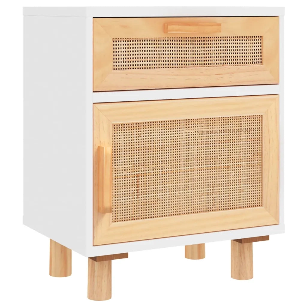 Comodini 2 pz Bianchi Legno Massello di Pino e Rattan Naturale 345607