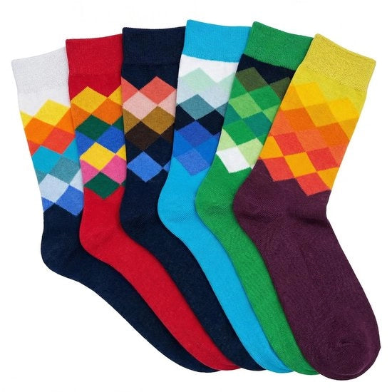 Calze per uomo 6 pezzi - Mix cotone - Disegno argyle colorato - Calze comodi per lavoro/vacanza - Colori trendy - Occhiali da stile - Calze