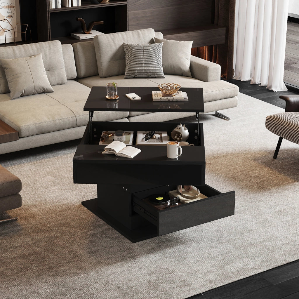 Tavolino da caffè con 1 cassetto; piano alzabile e rotante - per soggiorno - in truciolare - 70x70x45 cm - nero