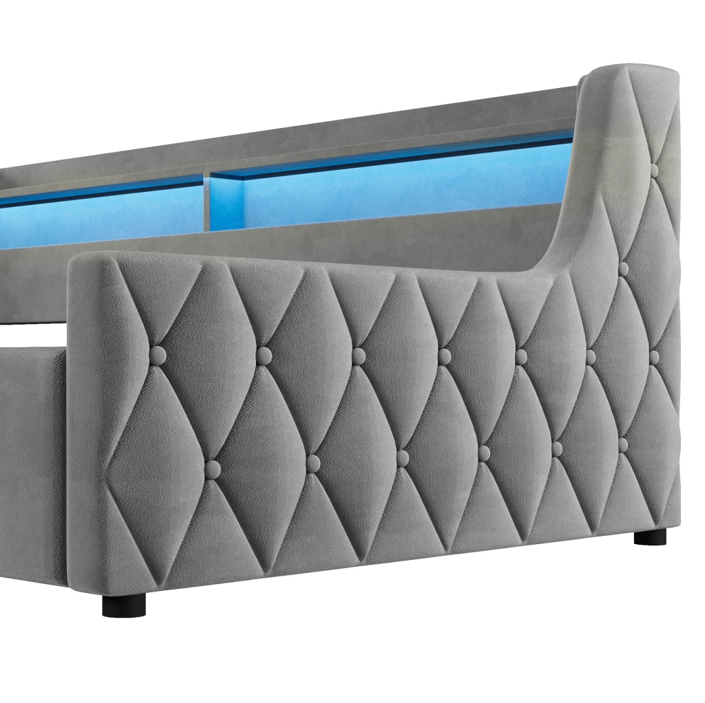 Letto singolo 90x200 in velluto grigio con LED e contenitore