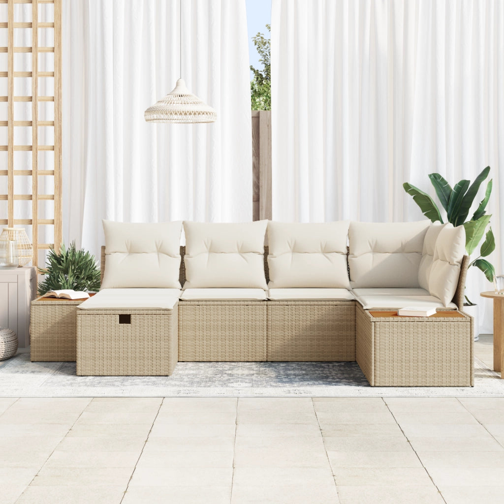 Set Divano da Giardino di 6 Pezzi con Cuscini Beige in Polyrattan