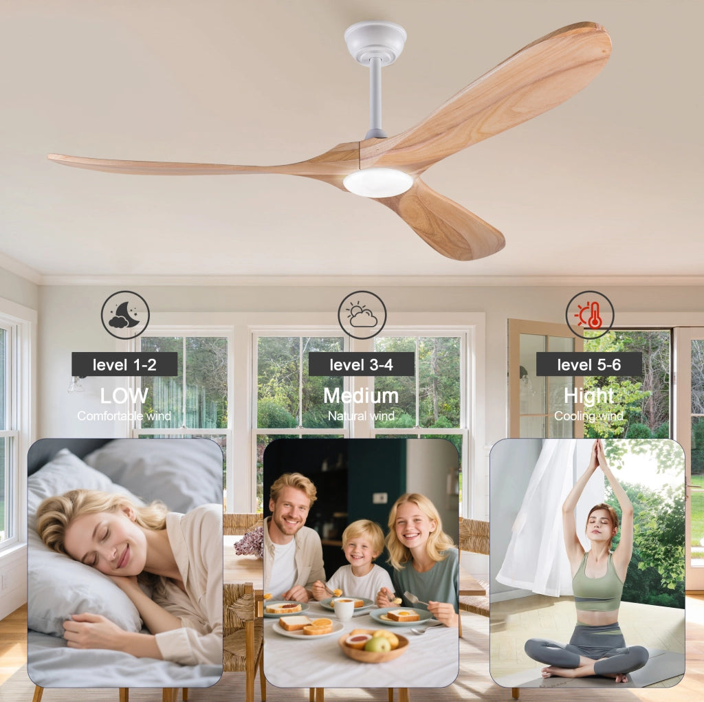 Ventilatore da soffitto 60 pollici con luce LED; 3 pale in legno massello; bianco naturale