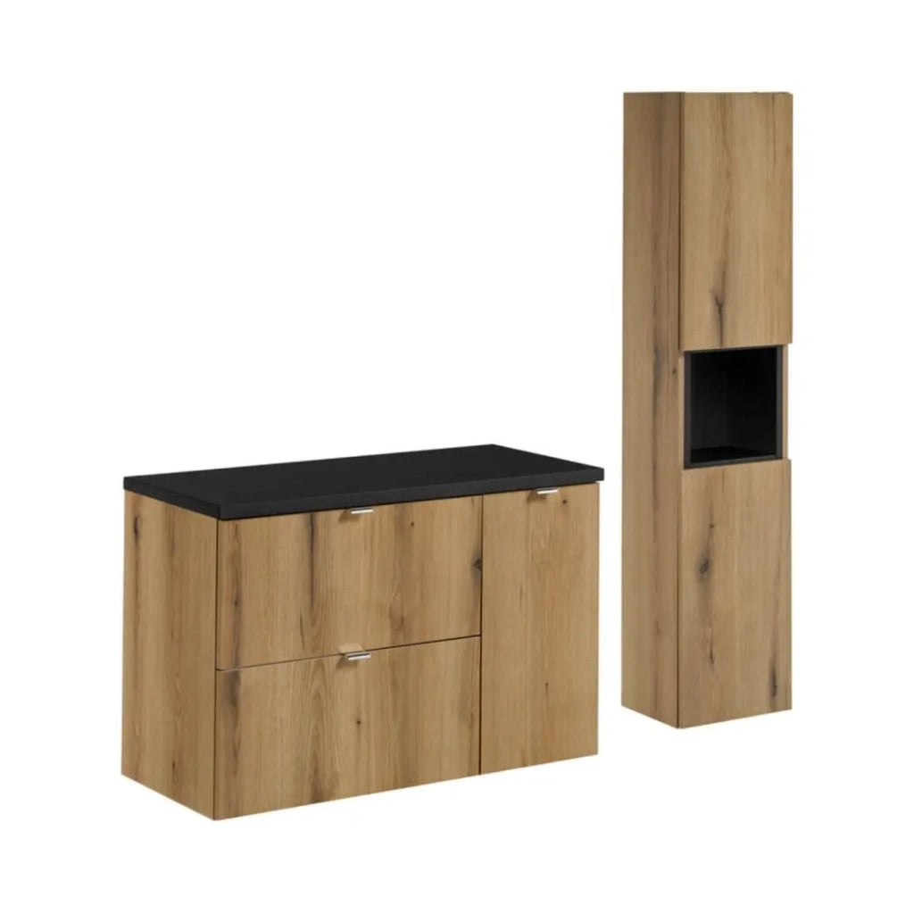 Set da bagno VANO in rovere e nero 120cm: mobile sottolavabo con cassetti e armadietti + piano per lavabo + colonna