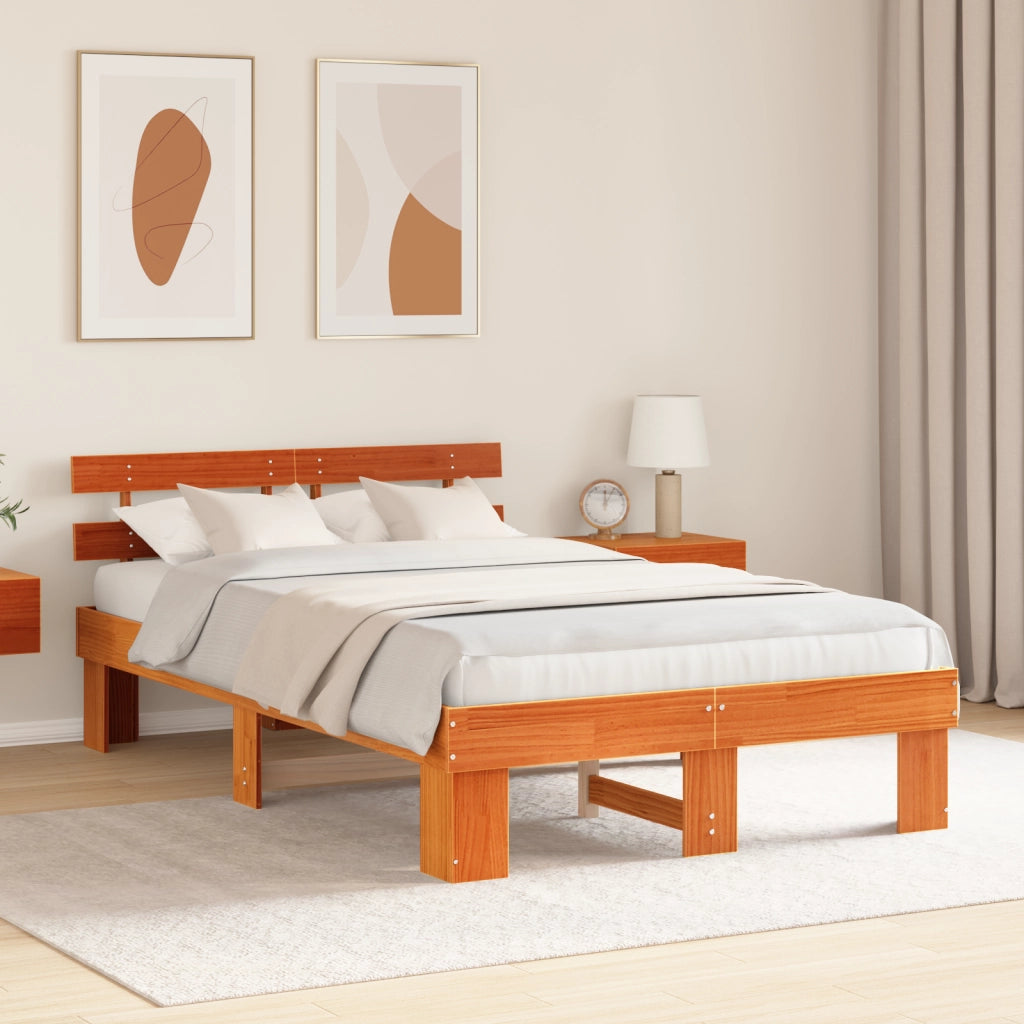 Struttura letto con testata marrone cerato 140x190 cm legno massello di pino