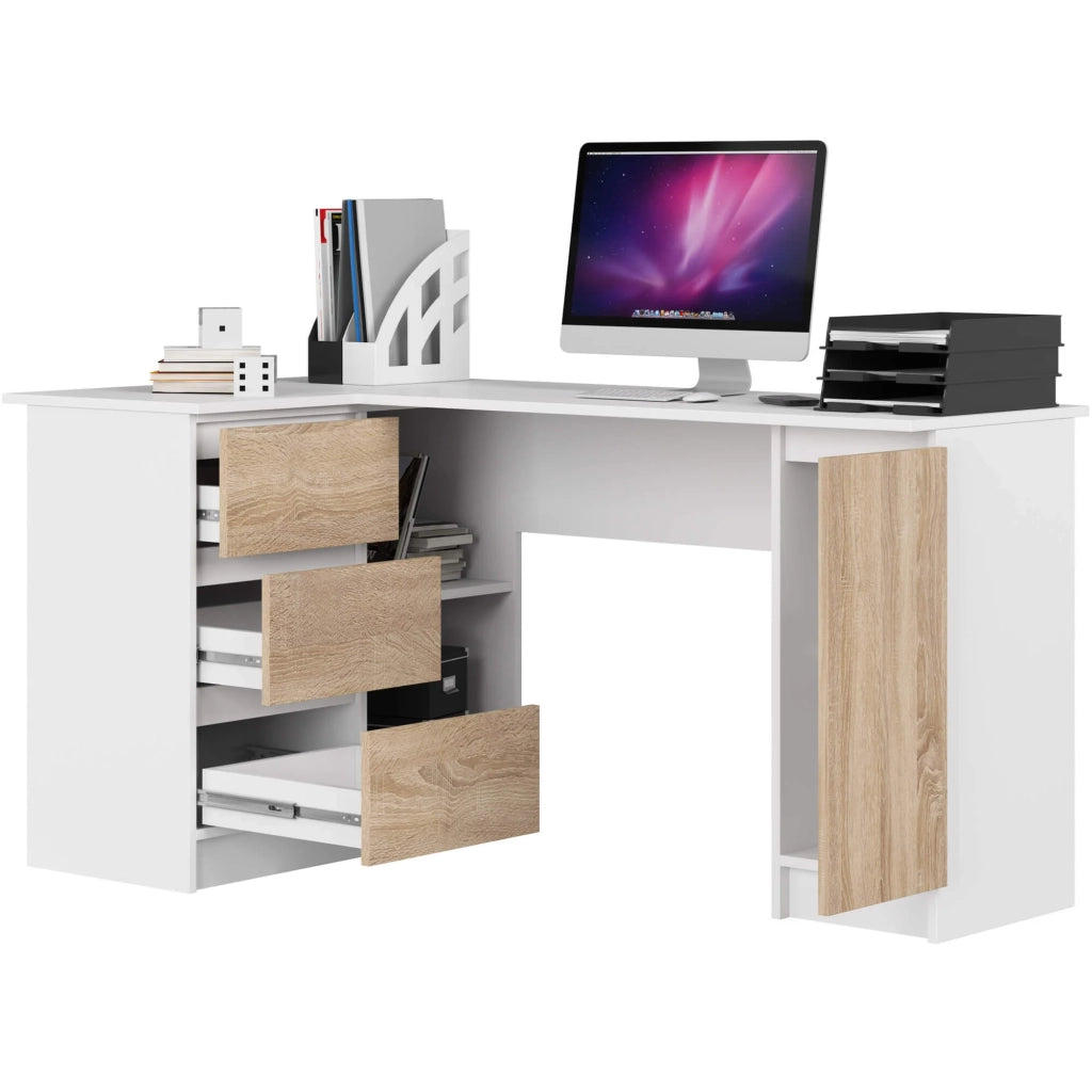 Scrivania angolare AKORD B20 Bianco 155 cm 1 anta 3 cassetti inserto frontale Sonoma Quercia 155x85x77 cm Modello a sinistra