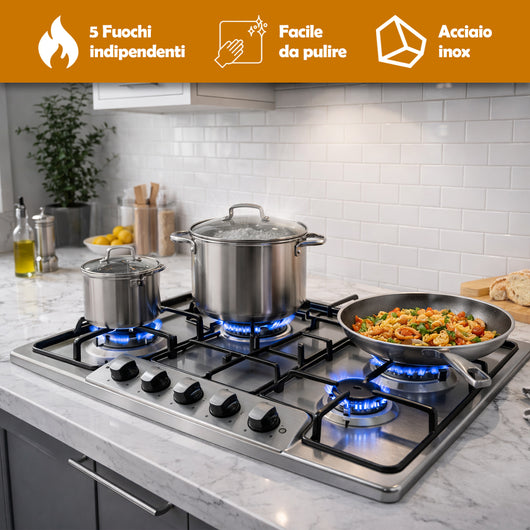 Piano Cottura 5 Fornelli 75 cm con Griglia e Bruciatori in Ghisa in Acciaio Inox