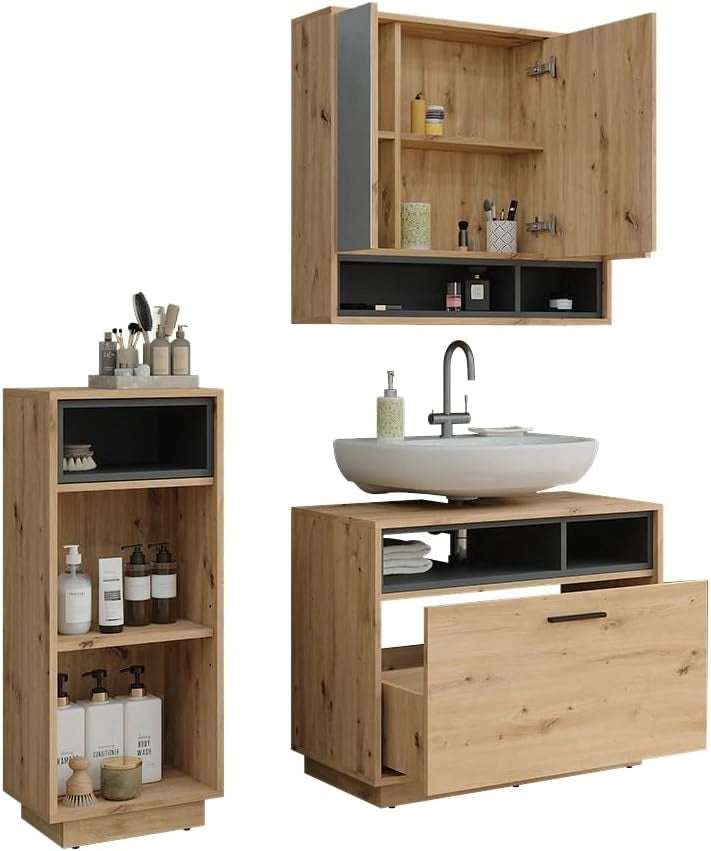 Set di mobili da bagno Beatrice, Rovere artigianale/antracite, 80 cm, composto da mobile sottolavabo, specchiera e mobile medio