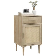 Comodino con Armadio e Ripiano, Porta in Rattan Intrecciato, 1 Cassetto, Design Bohémien, 40 x 40 x 68,5 cm, Naturale