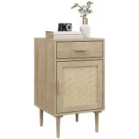 Comodino con Armadio e Ripiano, Porta in Rattan Intrecciato, 1 Cassetto, Design Bohémien, 40 x 40 x 68,5 cm, Naturale