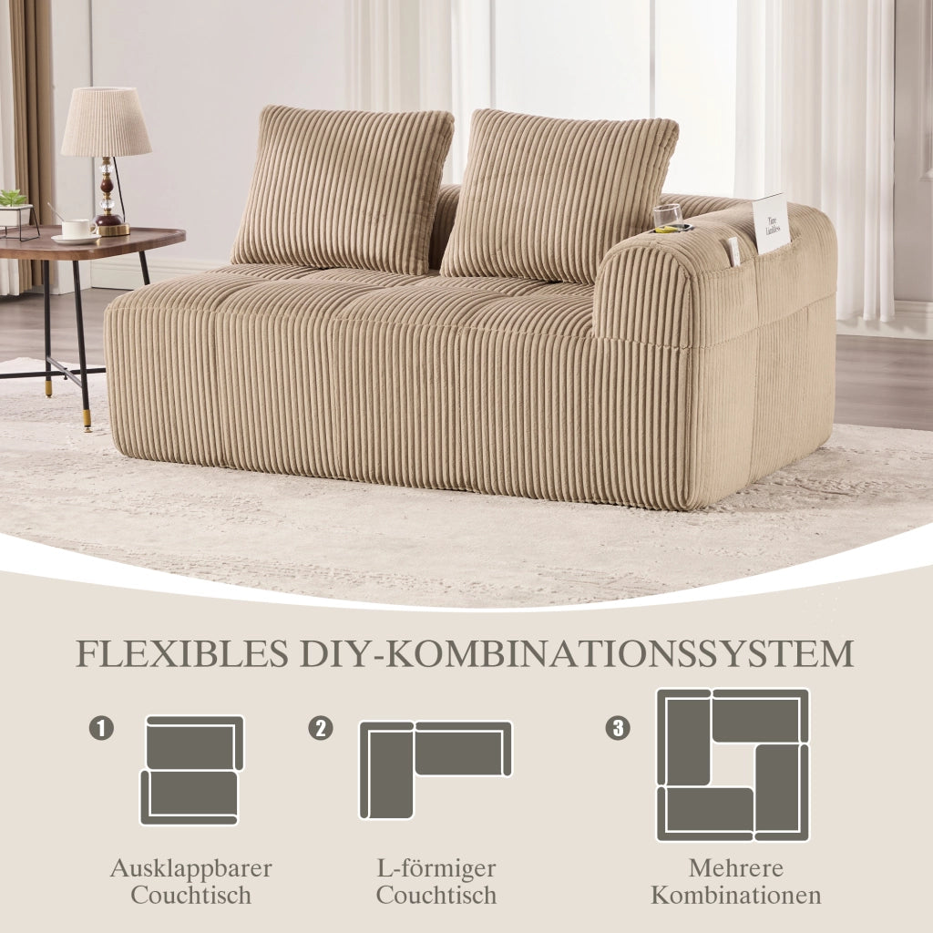 DIVANO con tasche laterali e portabicchieri 158x93x61 cm, corduroy khaki