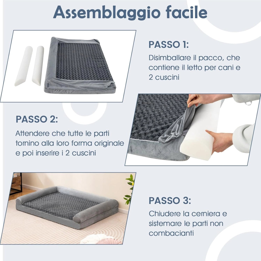 Cuccia Cane Interno in Schiuma, Brandina per Cani con Cuscino, Copertura Rimovibile e Tessuto Interno Impermeabile, Lettino per Animali Domestici, Grigio (135 x 91 x 18 cm)
