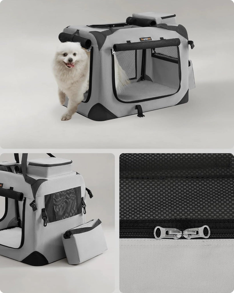 Feandrea PDC060G02 - Contenitore pieghevole per cani, M, in tessuto Oxford, con rete, traspirante, portatile, telaio in metallo, con manici, tasche, 60 x 42 x 42 cm, grigio fumo