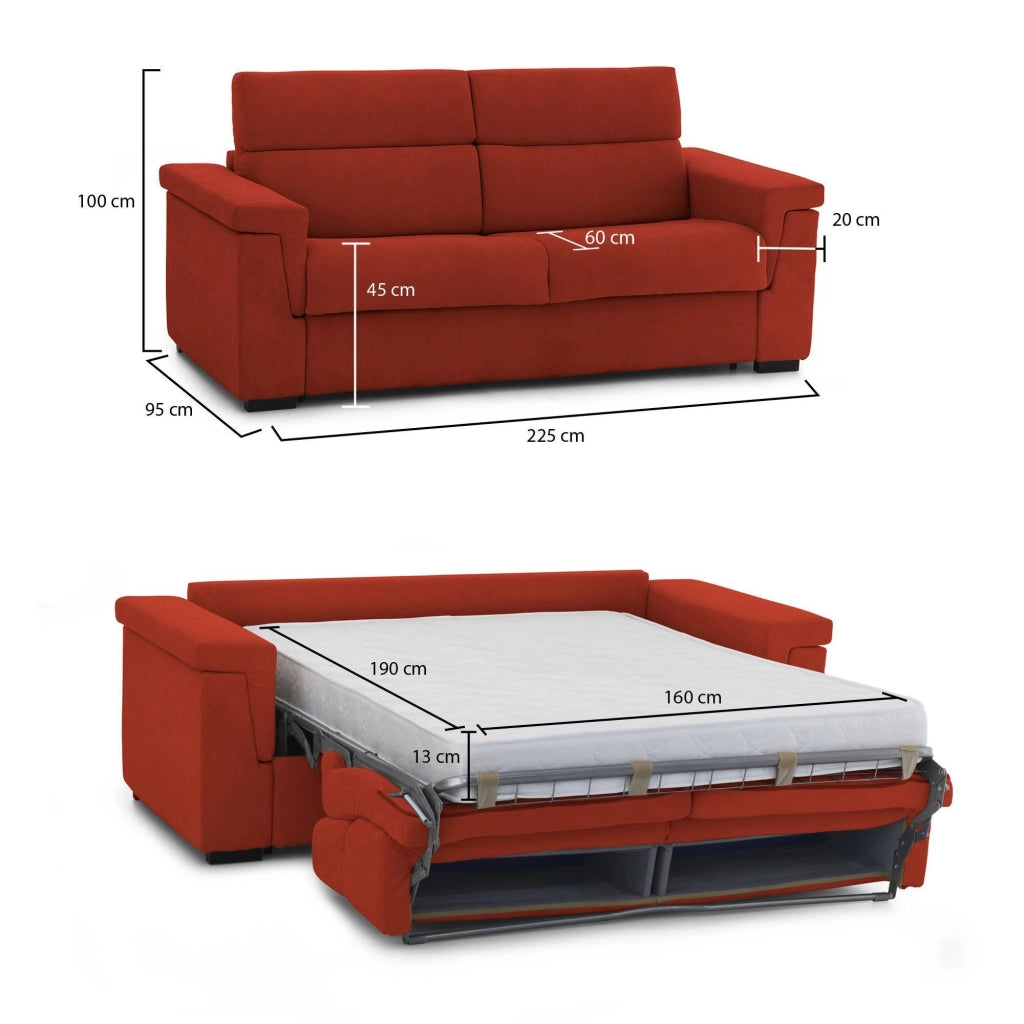 Nus, Divano Letto 3 Posti Sfoderabile Made in Italy, 225x95 cm Arancione