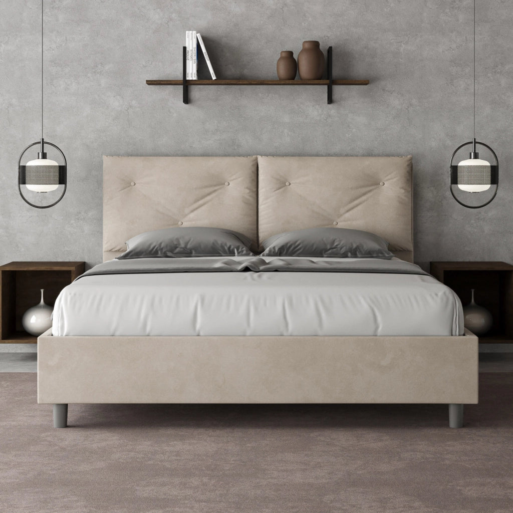 Letto Matrimoniale 160x200 cm con Rete e Contenitore Giroletto con Alzata Comoda Imbottito in Microfibra Appia Sabbia
