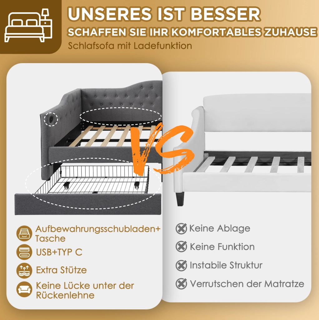 Letto singolo imbottito 90x190 cm grigio con USB-C e cassetti