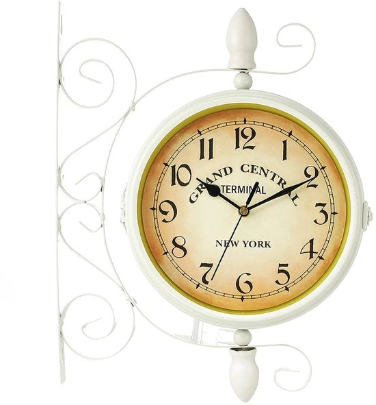 Stazione oraria per esterno, orologio a parete doppio faccia 35 x 28 cm in acciaio bianco per giardino