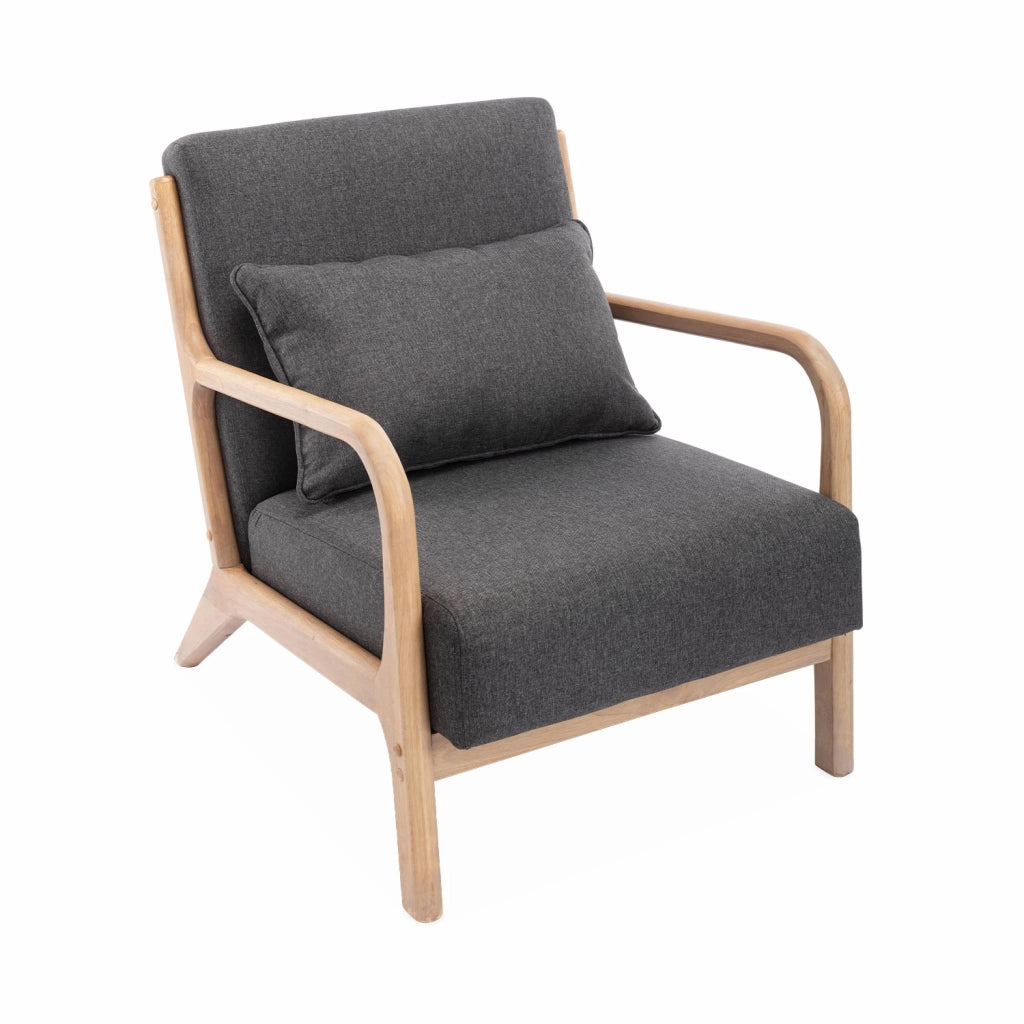 Poltrona scandinava in legno e tessuto con braccioli, grigio scuro