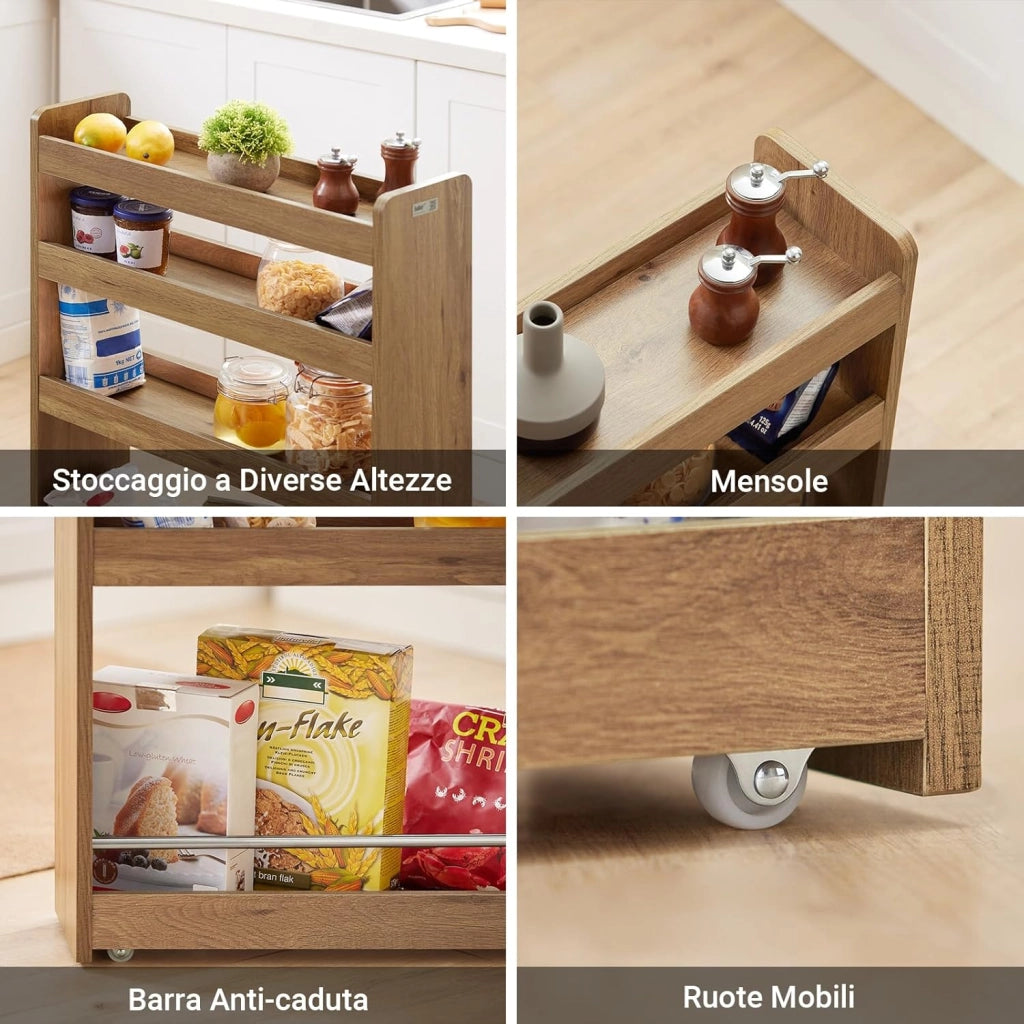 Carrello Slim per Cucina e Bagno con 4 Ruote Scaffale Salvaspazio a 4 Ripiani con Aste Antiscivolo Unità di Stoccaggio per Cucina, Bagno, Forniture per Bellezza o Artigianato 60x18x82cm NSR01-PF