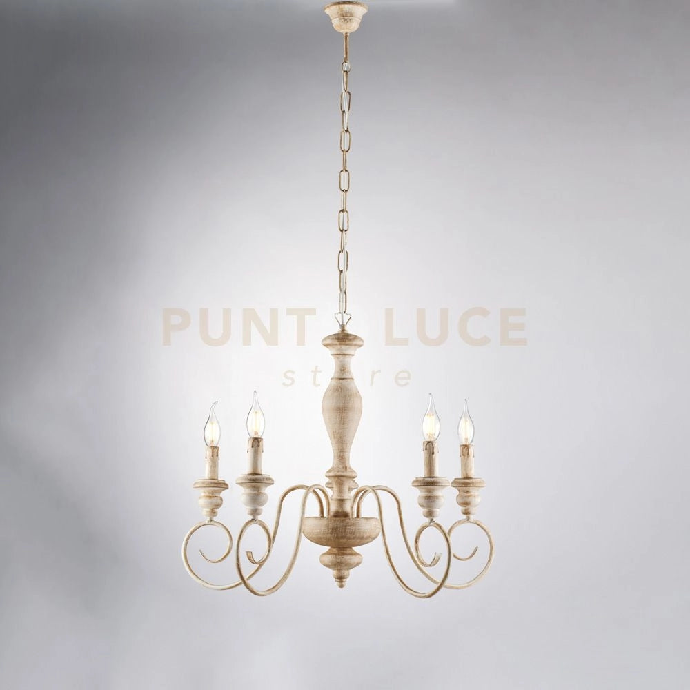 Lampadario in legno e ferro bianco e tortora 5 luci Cascina