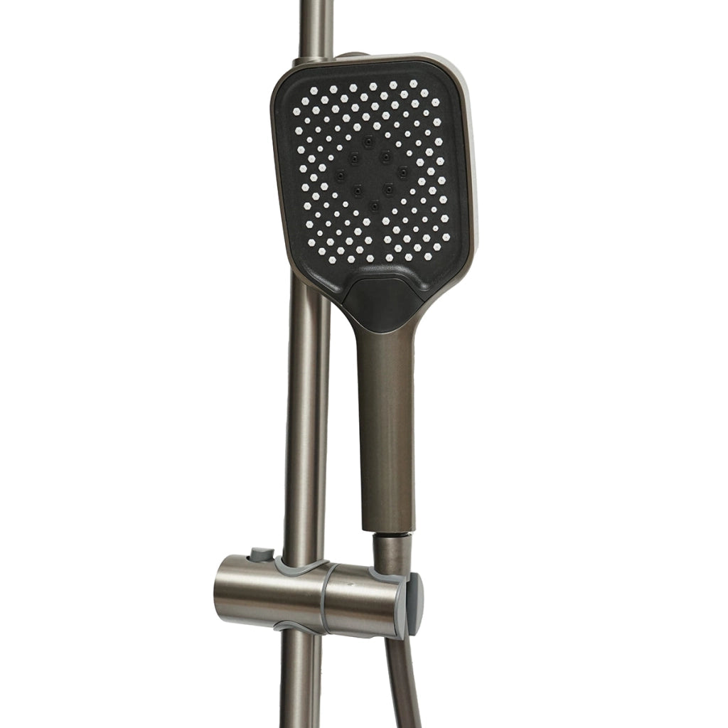 Set doccia multifunzionale con termostato, display digitale della temperatura dell’acqua, 4 funzioni di erogazione dell’acqua, bocca per vasca, soffione rettangolare, doccetta a mano, doccia bidet, colore grigio.