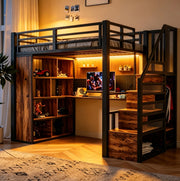 Letto a soppalco in metallo 90x200 cm con armadio, scrivania e LED multicolore, nero