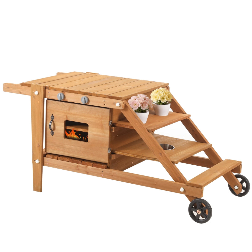 Cucina da gioco da esterno in legno naturale con ruote, forno magnetico e accessori per bambini da 3 anni