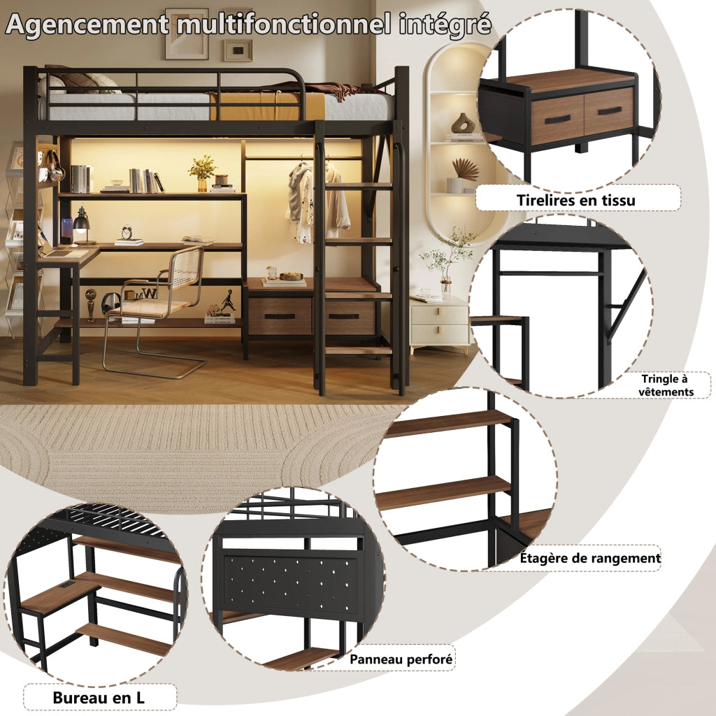 Letto a soppalco in metallo 90x200 cm con scrivania; vani; USB; barra appendiabiti; LED e parapetto; nero