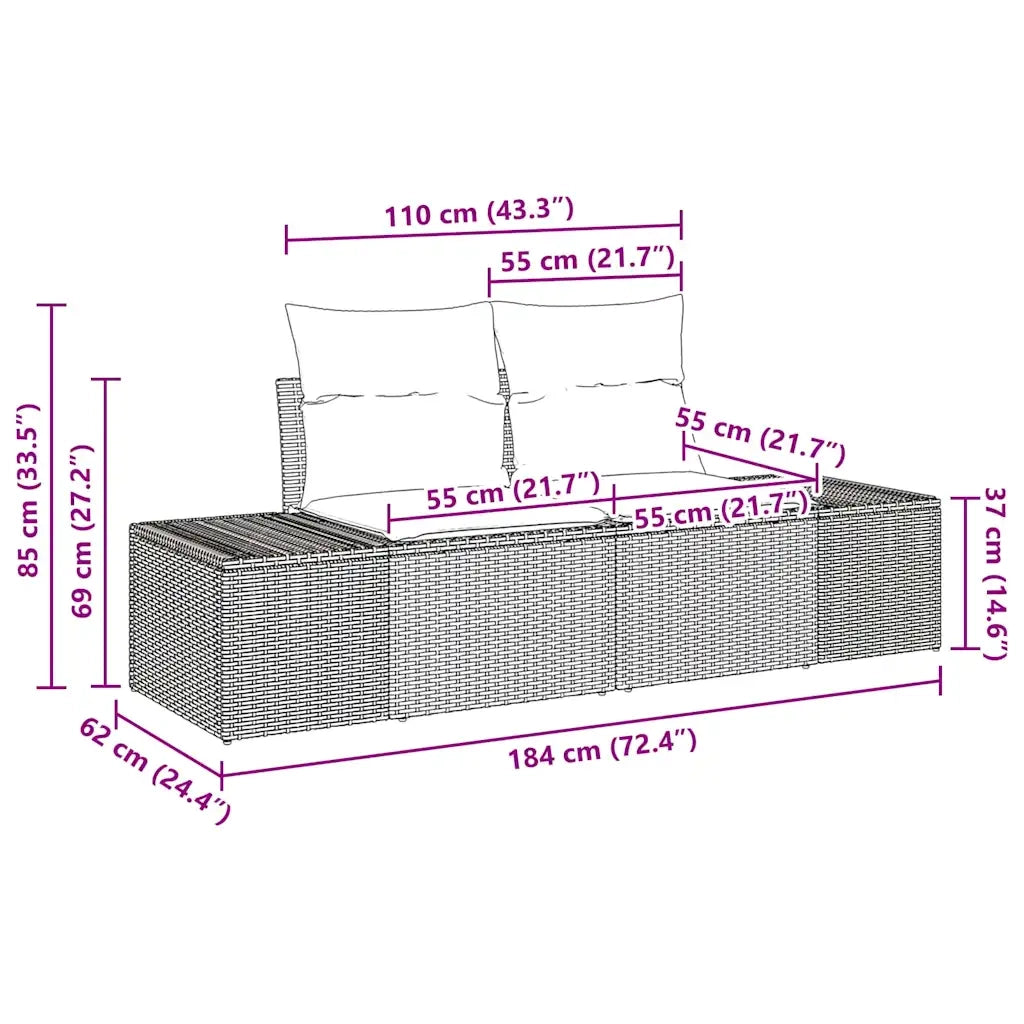 vidaXL Set Divano da Giardino con cuscino 7 pcs Nero 294 x 62 x 69 cm
