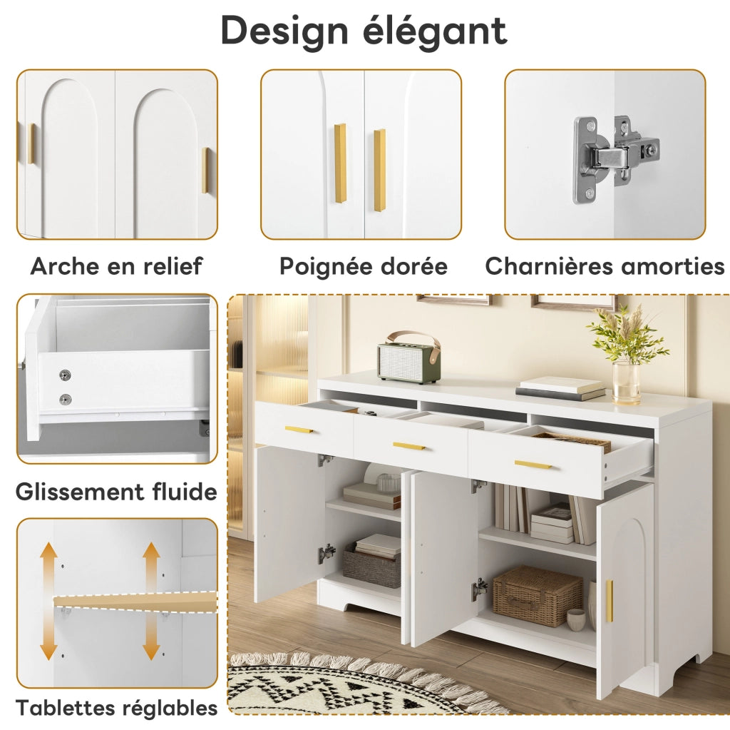 Sideboard bianco 140 cm con 4 ante ad arco; 3 cassetti; ripiani regolabili; MDF