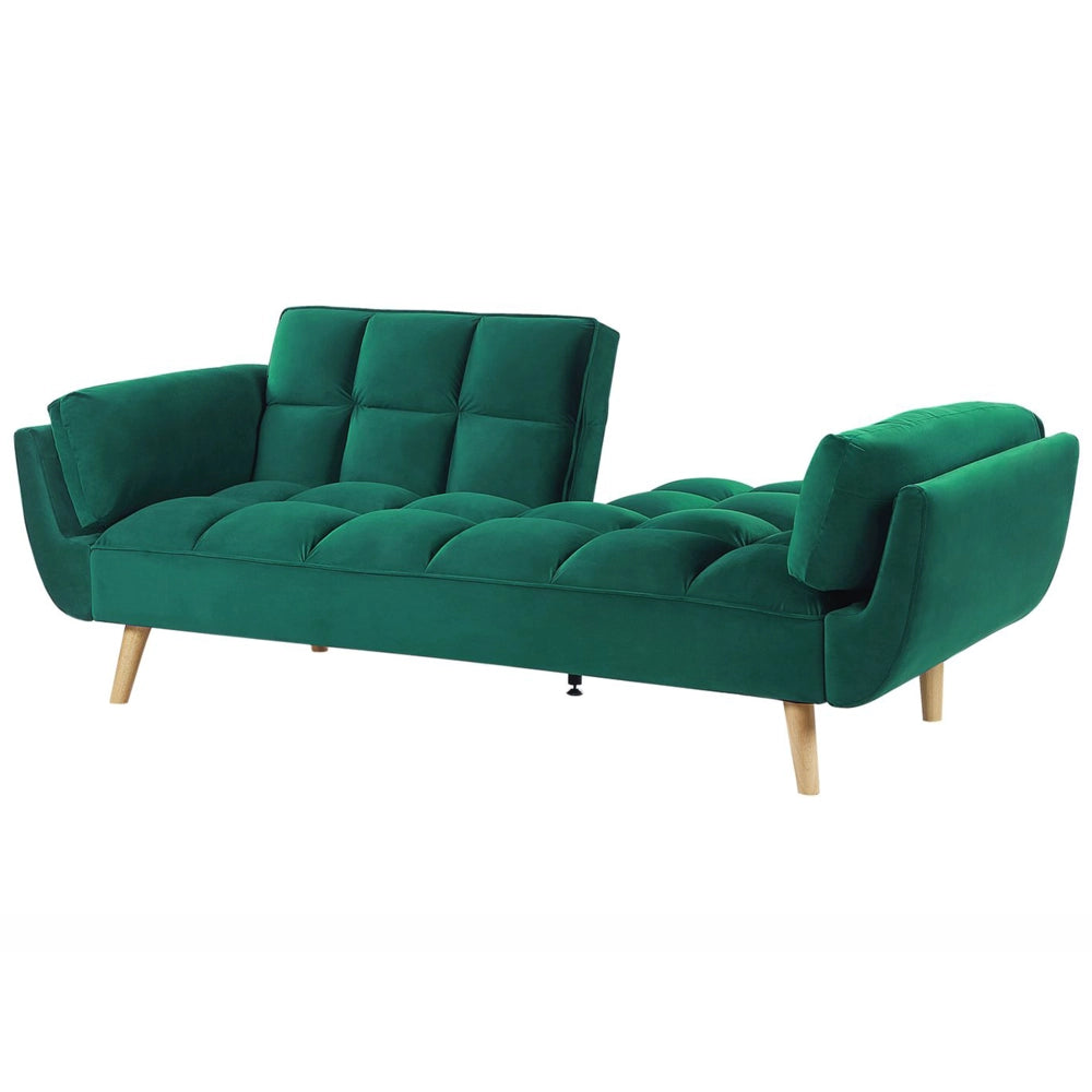 Divano Letto Tessuto Velluto Verde Gambe In Legno A 3 Posti Imbottitura In Schiuma Imbottitura Biscuit Schienale Diviso