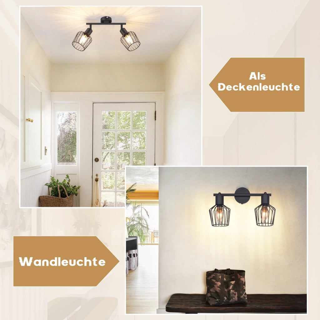ZMH Faretto da soffitto neri 2 luci E14 metallo orientabili 350° industriali per corridoio soggiorno
