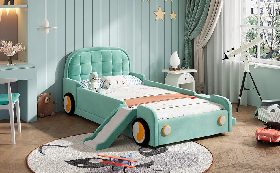 Letto per bambini 90 × 200 cm a forma di auto con scivolo e scala reversibili, senza materasso, velluto blu-verde