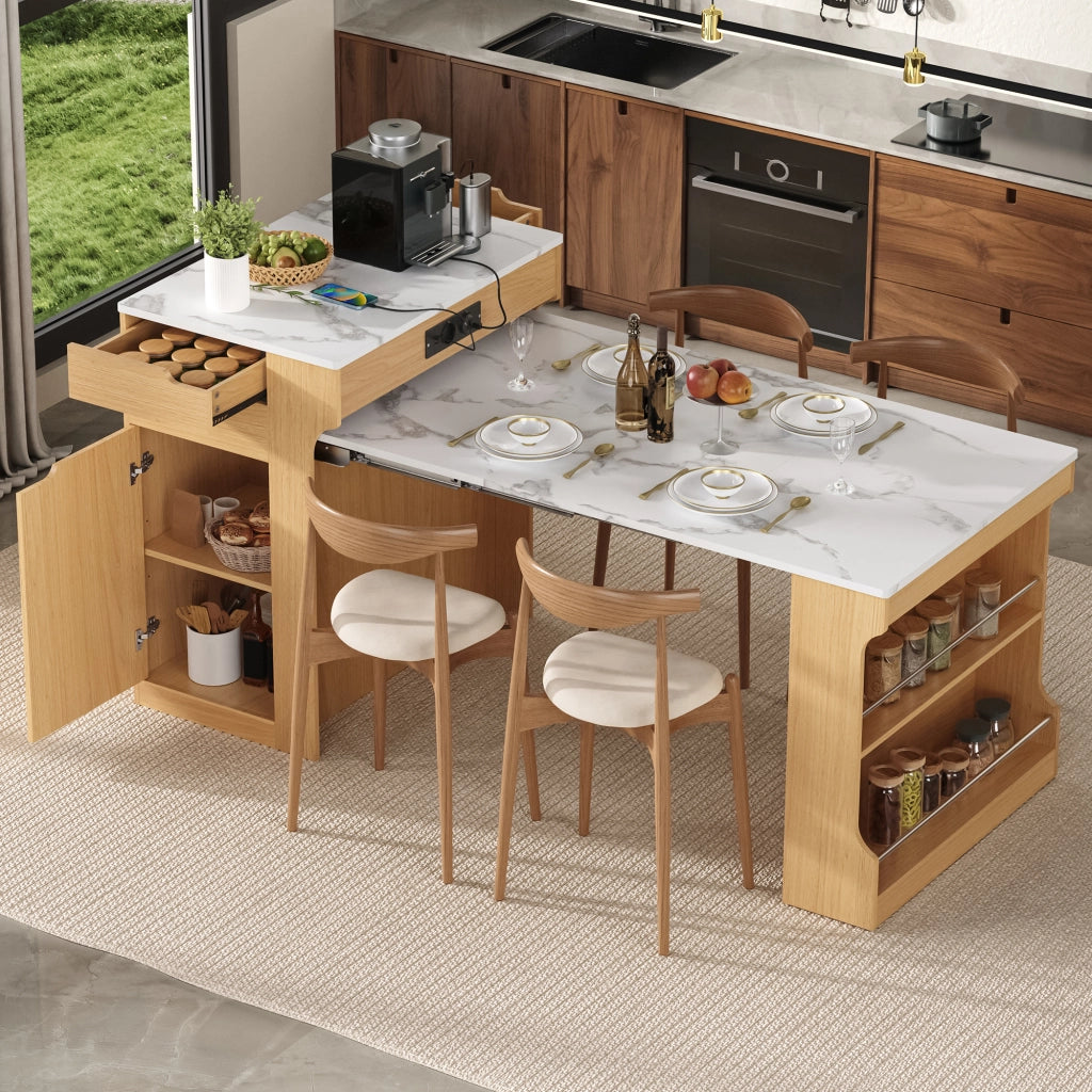Tavolo allungabile multifunzione con cassetti e prese elettriche in MDF e vetro naturale per cucina e sala da pranzo