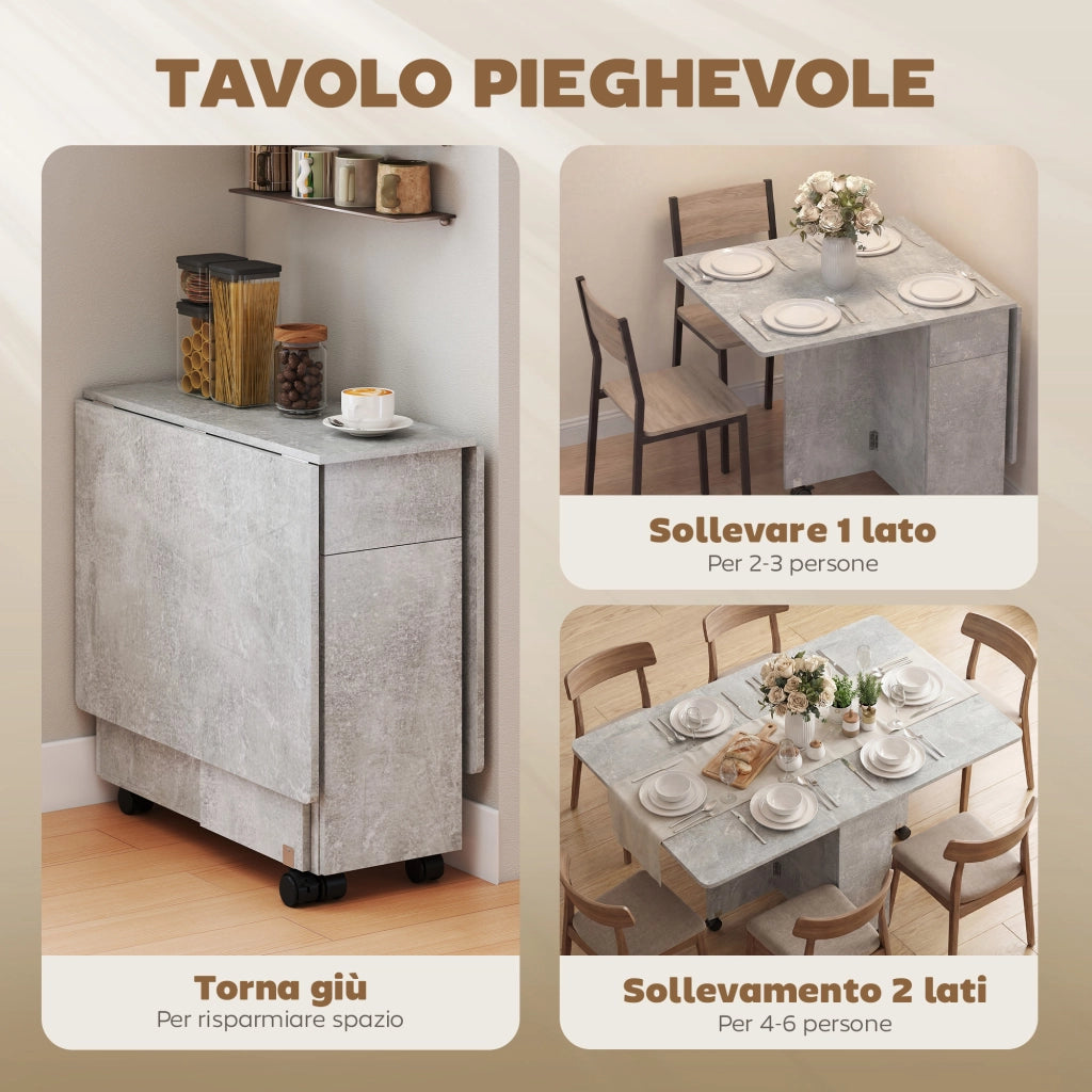 Tavolo da Pranzo Pieghevole a Ruote con 2 Cassetti, 2 Ante e Armadietto, in Legno, 140x76x74 cm, Grigio Cemento