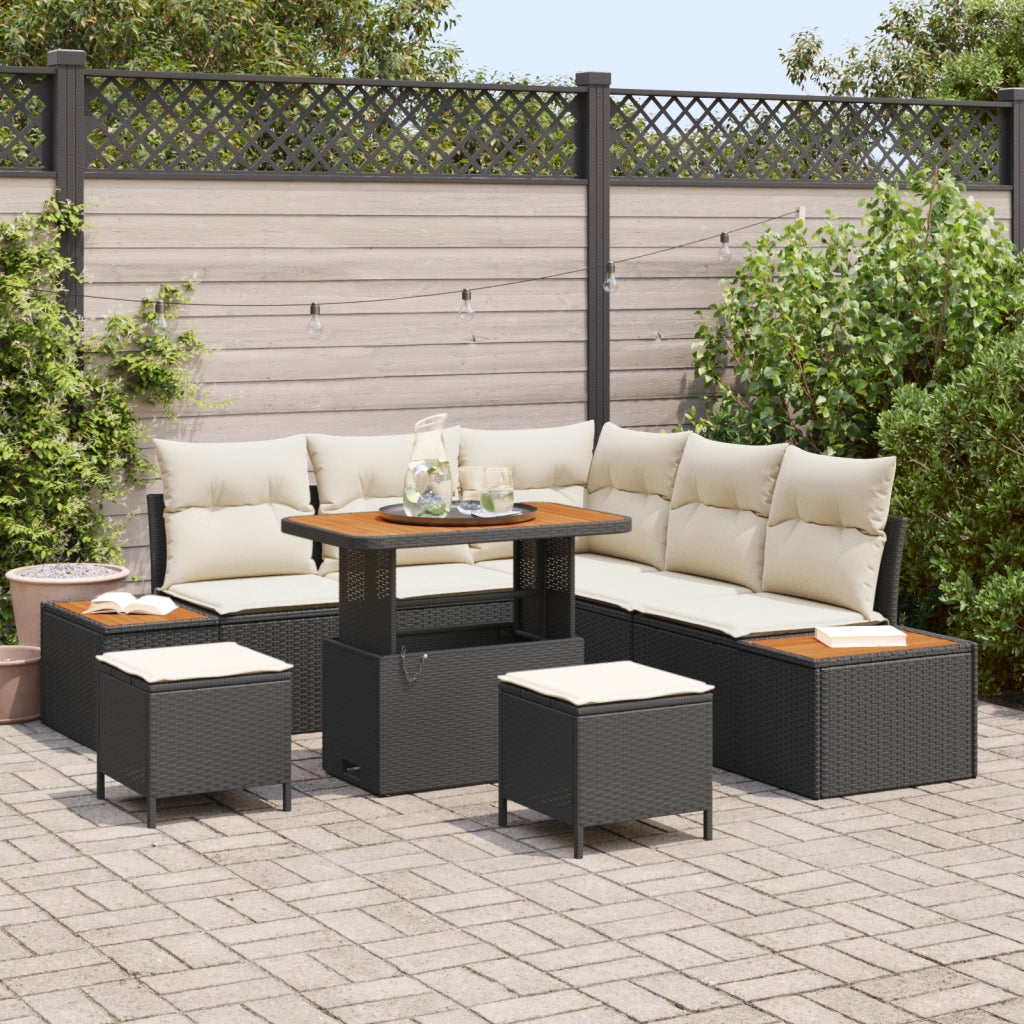 Set di divano da giardino da 8 pezzi con cuscini polyrattan nero acacia