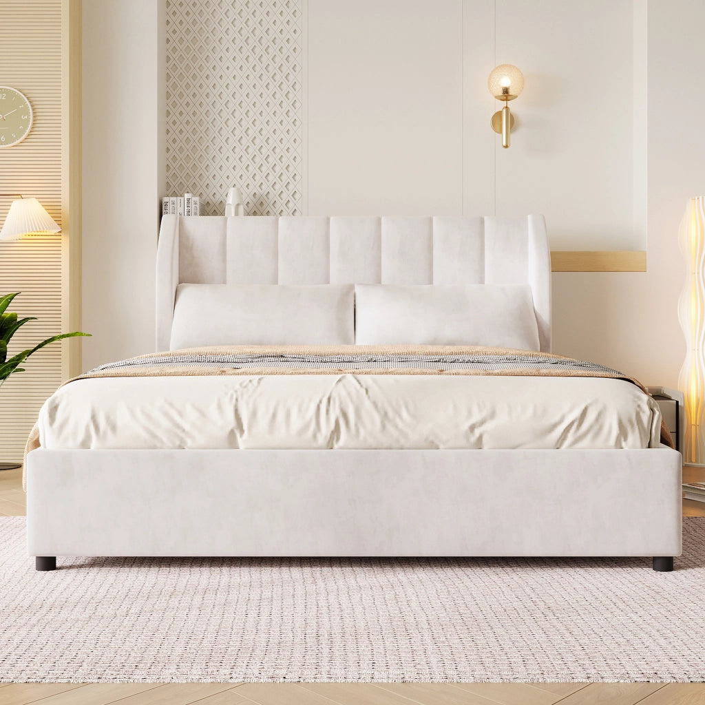 Letto Matrimoniale 140 x 200 cm con rete a doghe; testiera imbottita e 2 cuscini Beige