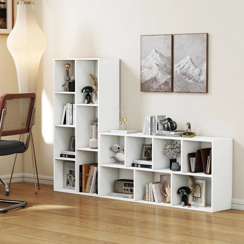 Libreria Verticale con 8 Cubi, Mobile Contenitore in Legno, con 2 Dispositivi Antiribaltamento, Libreria Scaffale per Soggiorno, Camera da Letto, Ufficio, 49,5 x 23 x 106 cm (Bianco)