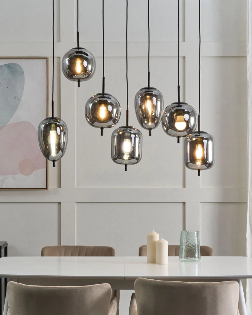 Lampadario in vetro argentato con 7 luci vetro 122 cm design moderno soggiorno contemporaneo