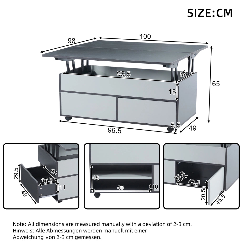 Tavolino da caffè sollevabile 100 x 98 x 65 cm in truciolare grigio e bianco; con ruote e contenitore