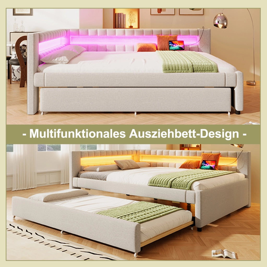 Daybed in lino beige 140x200 con LED telecomandato e letto estraibile USB/Type-C