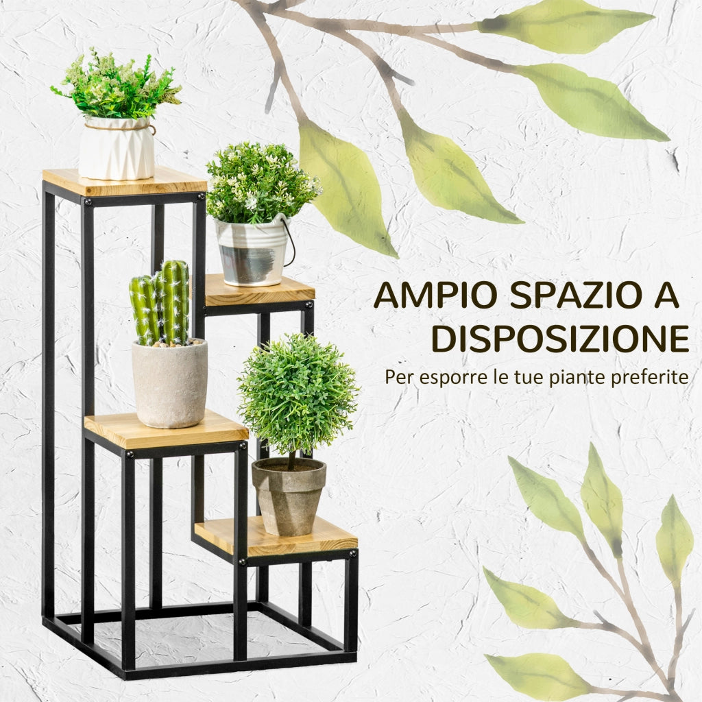Scaffale per Piante a 4 Livelli in Metallo e Legno per Interni ed Esterni, 34x34x66cm