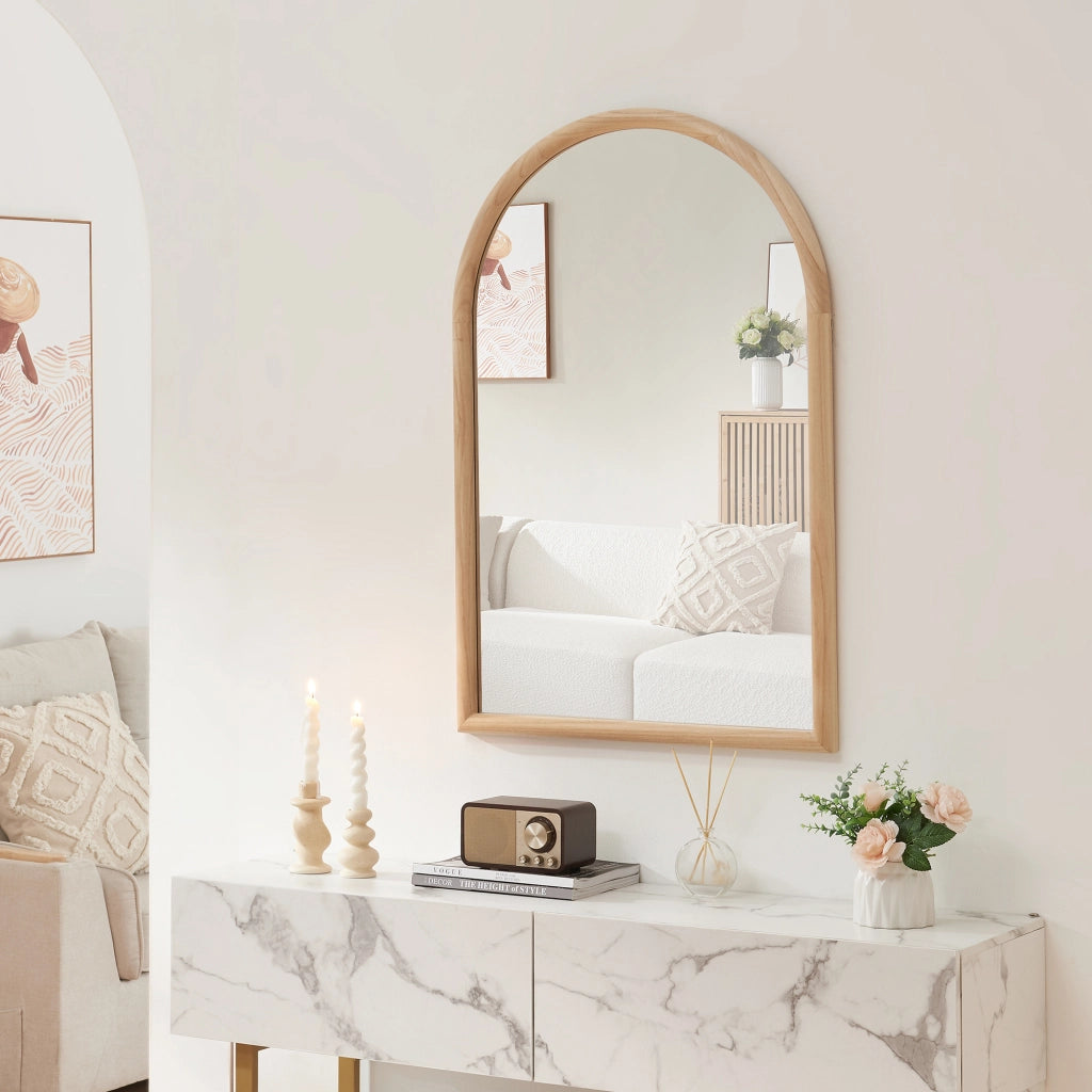 Specchio da Parete Podena con Cornice Arcuato 90x60 cm Legno Naturale [en.casa]
