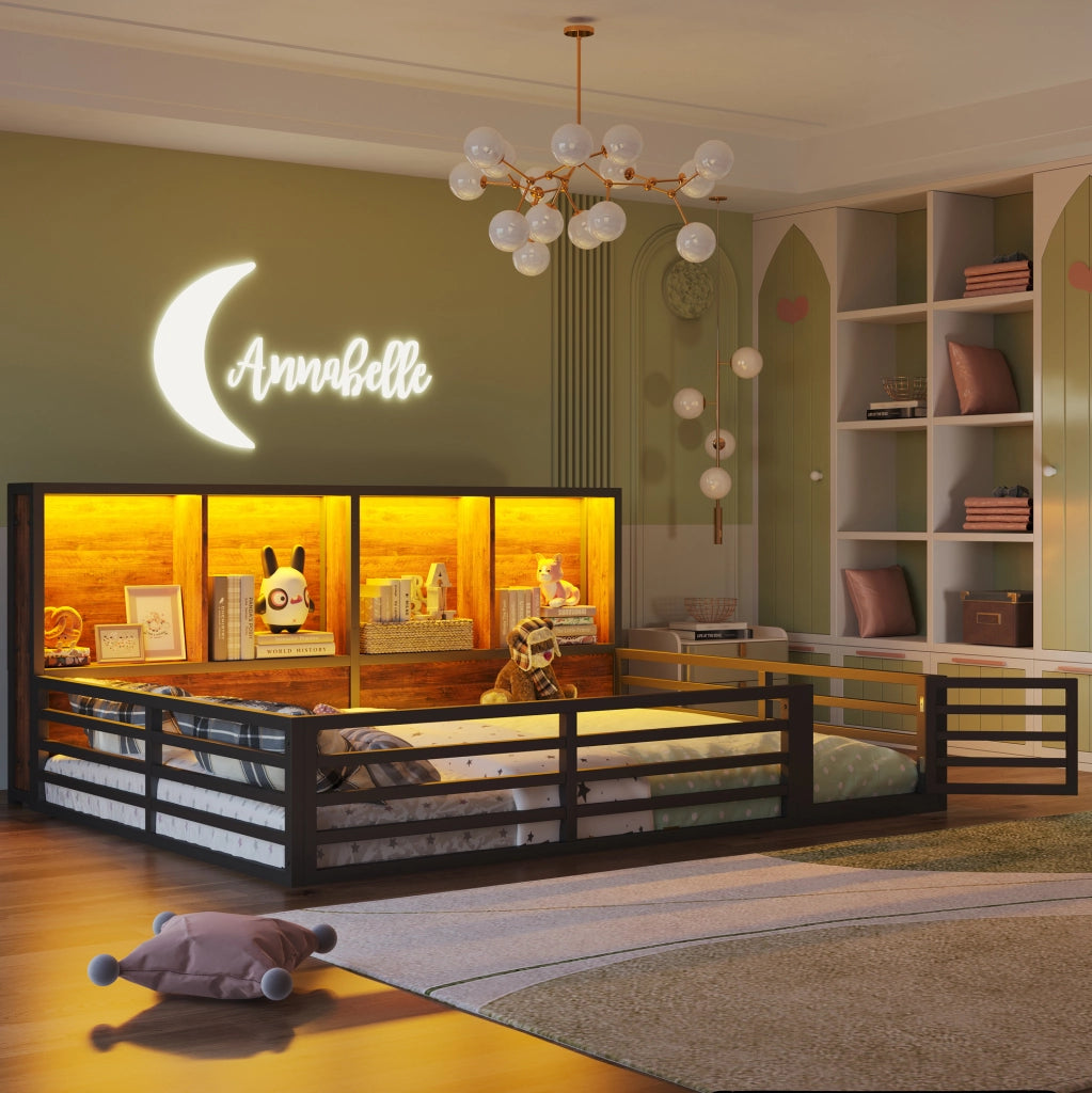 Letto 140x200 cm con LED; sponde e vani portaoggetti in MDF e metallo nero