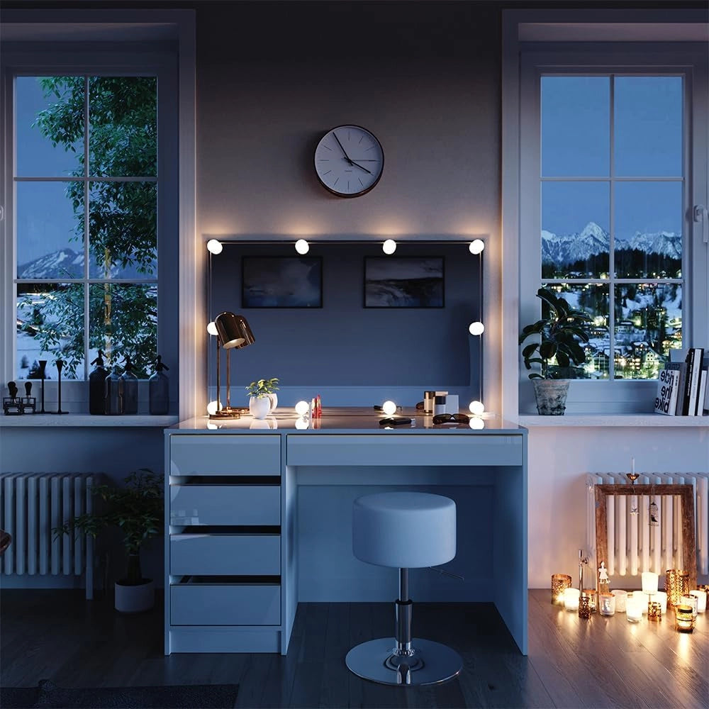 Tavolo da toeletta Sherry, Antracite, 120 cm con illuminazione a LED e sgabello, con illuminazione LED e sgabello coordinato