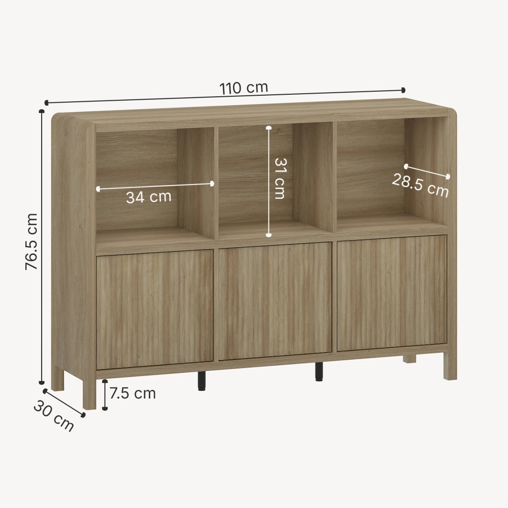 Credenza Bassa Lukkodso con 3 Ante e Scomparti Aperti 77x110x30 cm Effetto Rovere Rustico [en.casa]