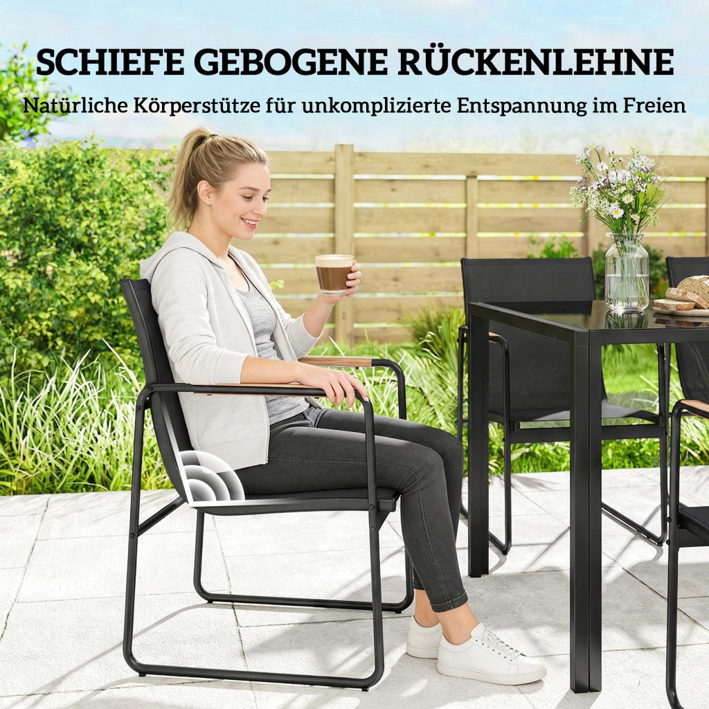 Mobili da giardino: tavolo di vetro 150x80 cm + 6 sedie travolgenti; braccioli decorativi; nero