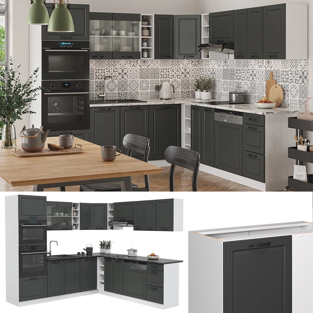 Cucina angolare completa R-Line Antracite rustico/Bianco 247 x 237 cm, PL Rovere Vicco