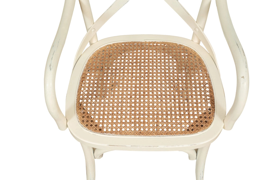 Biscottini Sedia con braccioli Thonet in massello di frassino bianca anticata e seduta in paglia di Vienna
